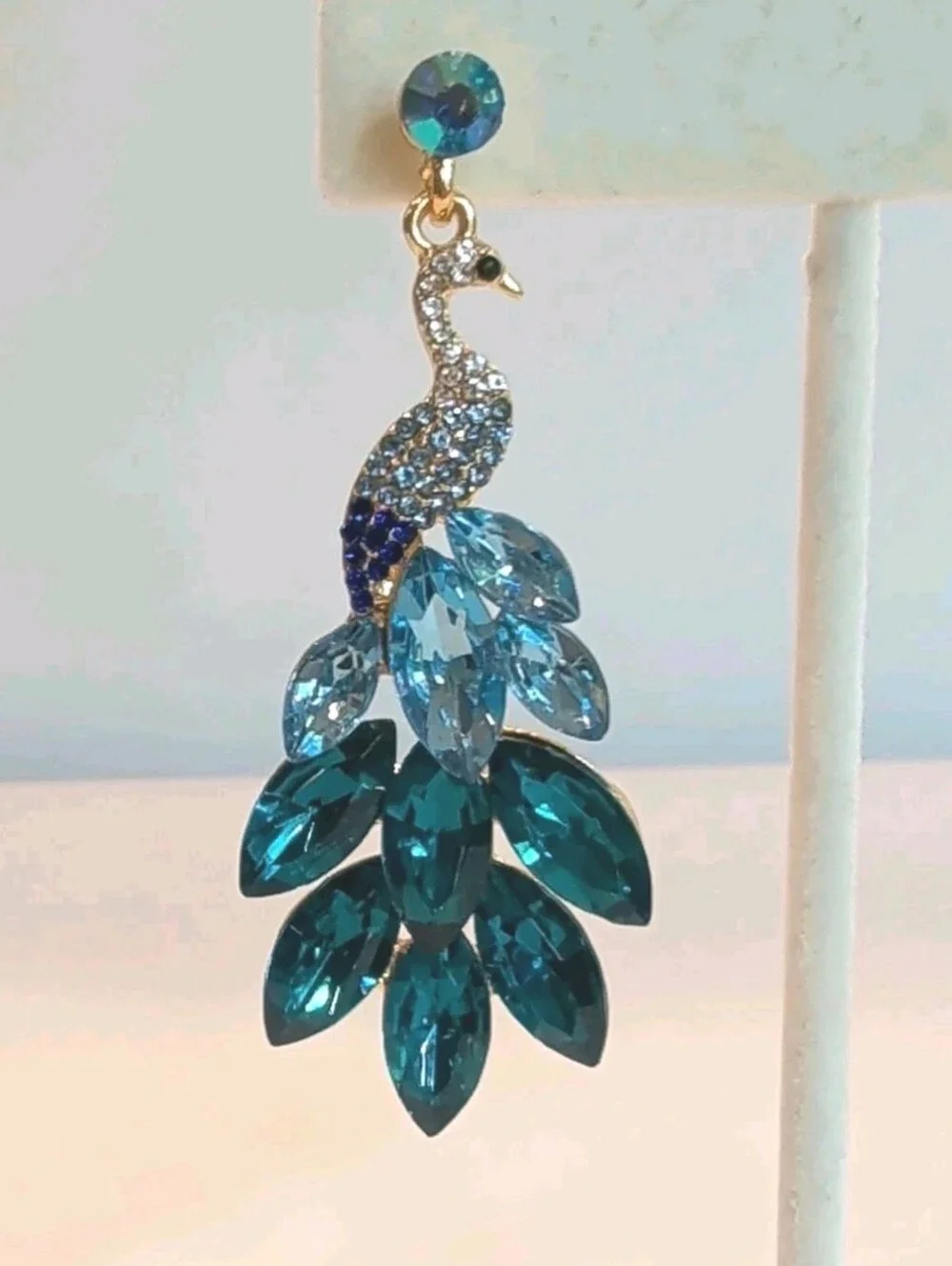Earrings Peacock Blue Teal Crystal Dangle Pierced Rhinestone Statement 2.5